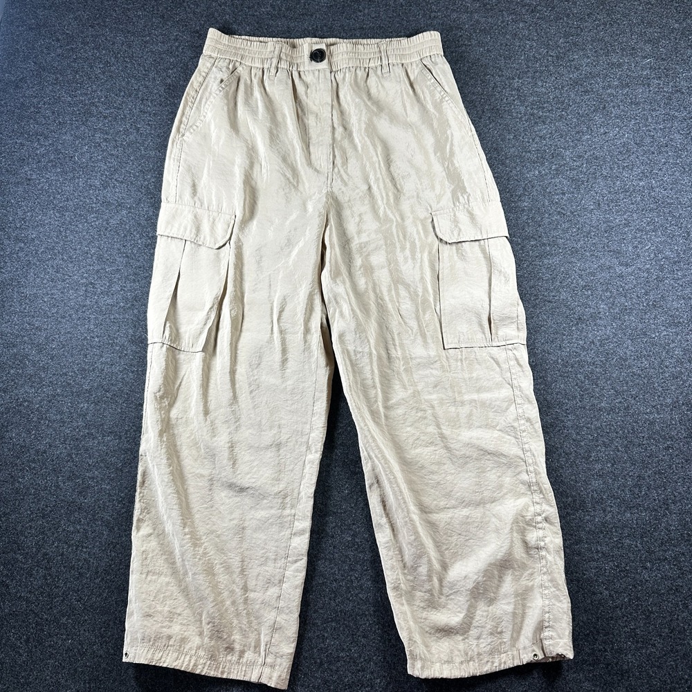 Joie Linen Blend Cargo Pants Sz LG Drawstring Beige  Cargo Pockets Elastic Waist